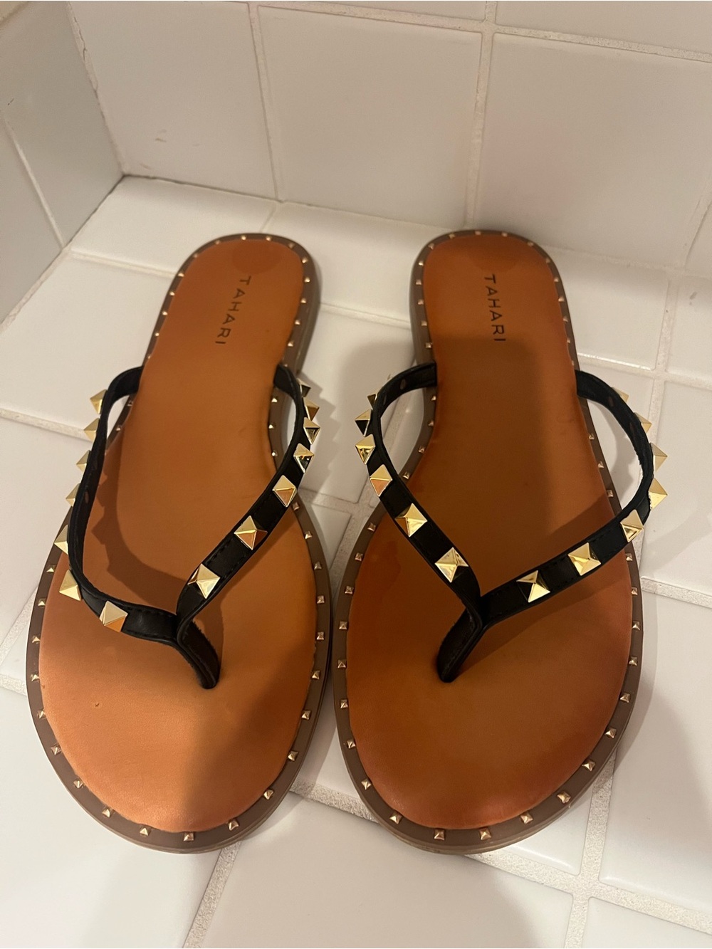 Tahari Black Patent Thong Sandals with Gold Pyramid Studs